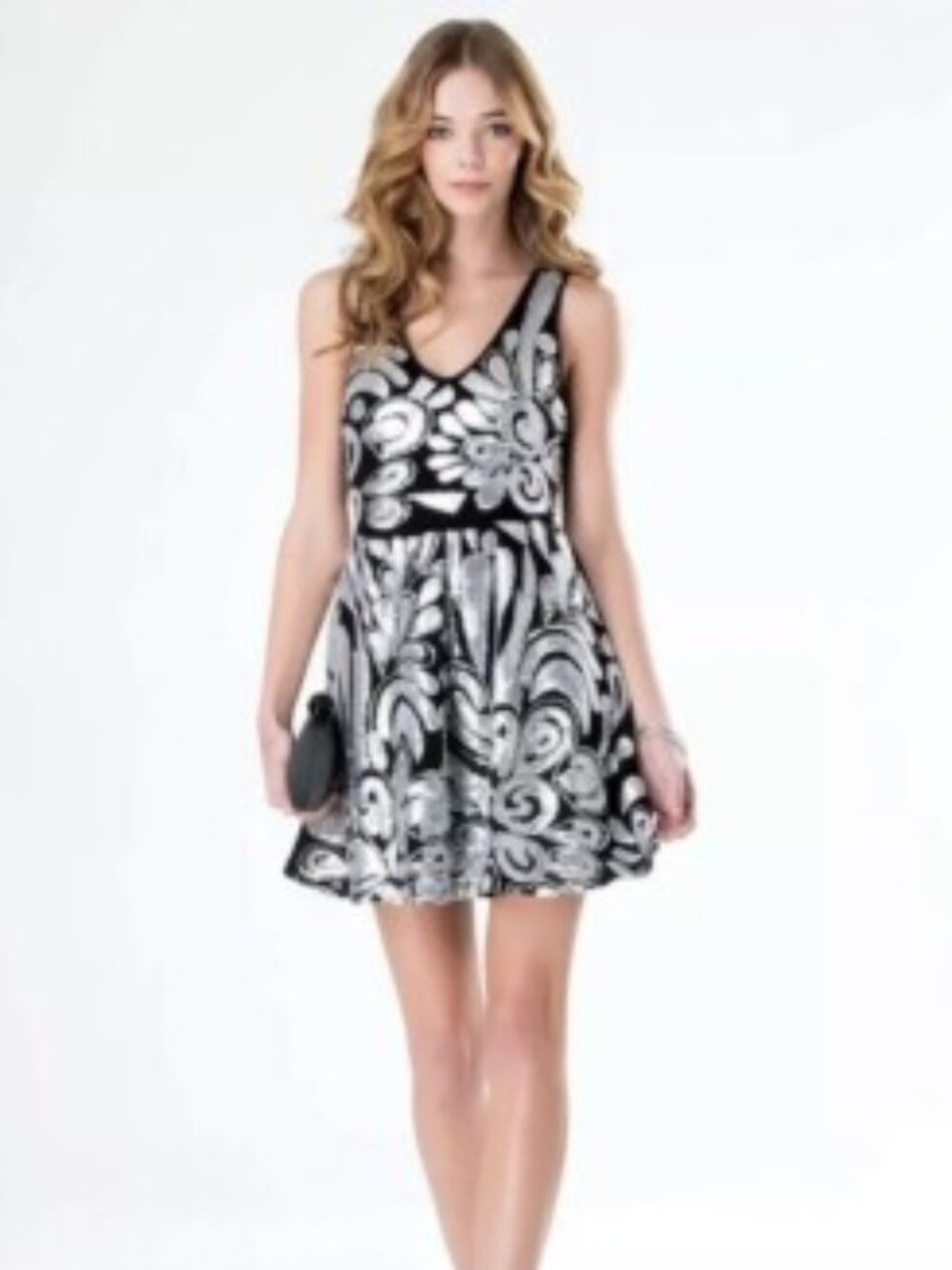 New Bebe Melinda Fit & Flare Sequin Dress Black Silver Mesh Back Medium $128